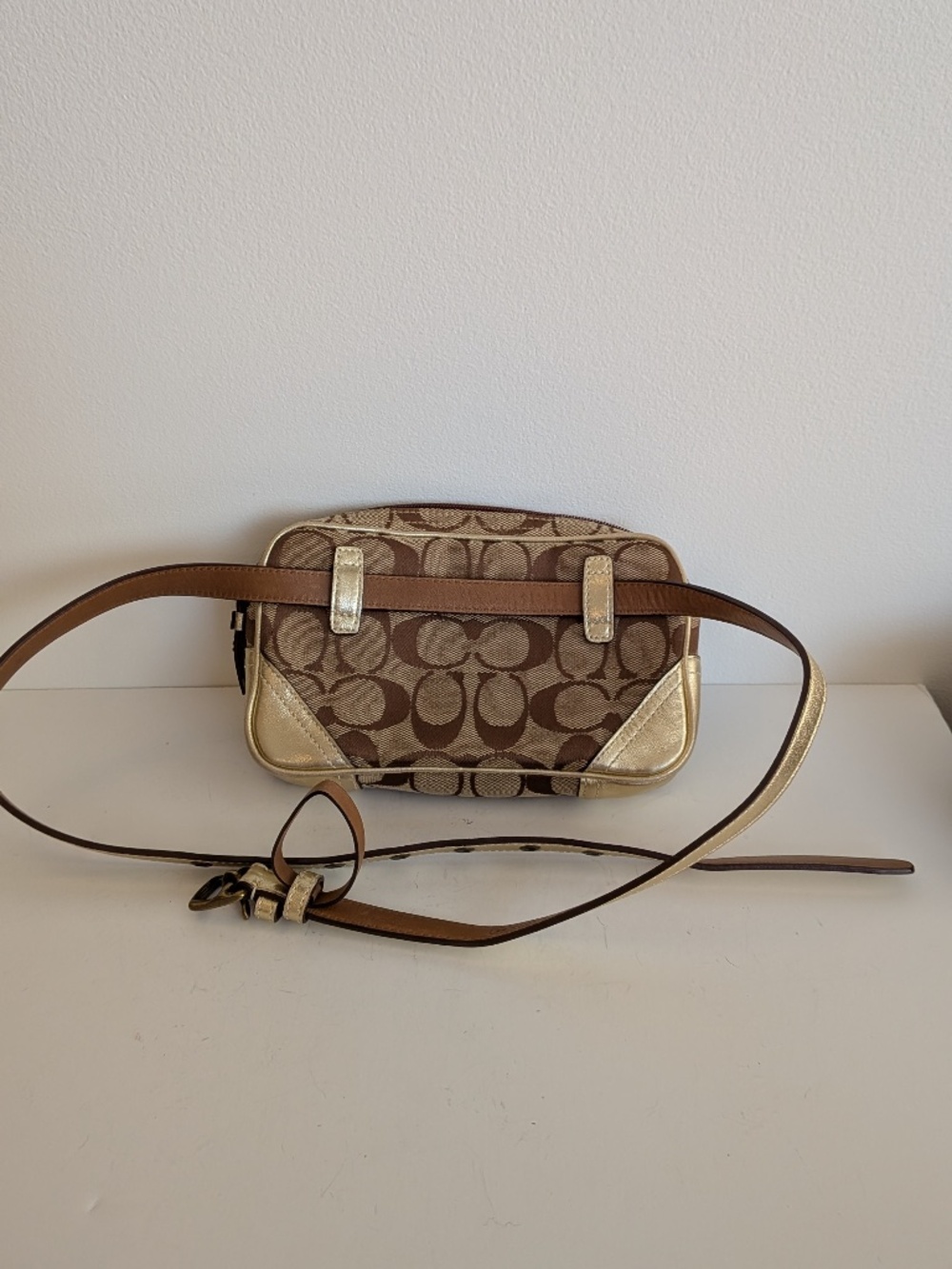 Coach Signature Canvas Waist Belt Bag Pouch Gold Leather Accents